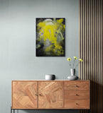 Sunrise Abstract by Shmutz, 2021 Original Abstract Painting Mixed-Media yellow, grey and black room view